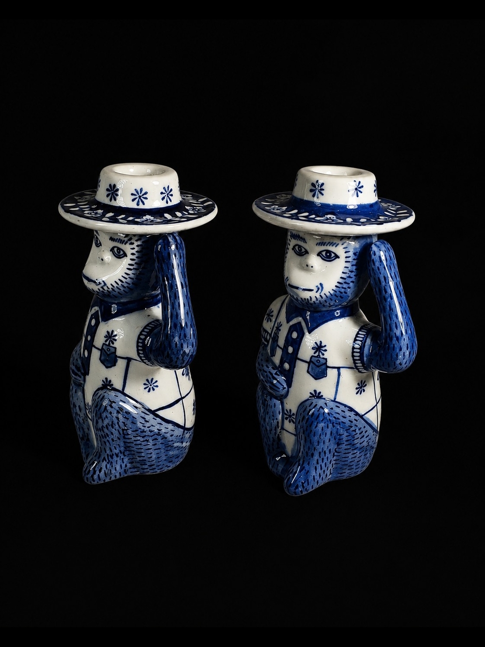 Hand-Painted Blue & White Ceramic Monkey Figurine Pair - Home Art